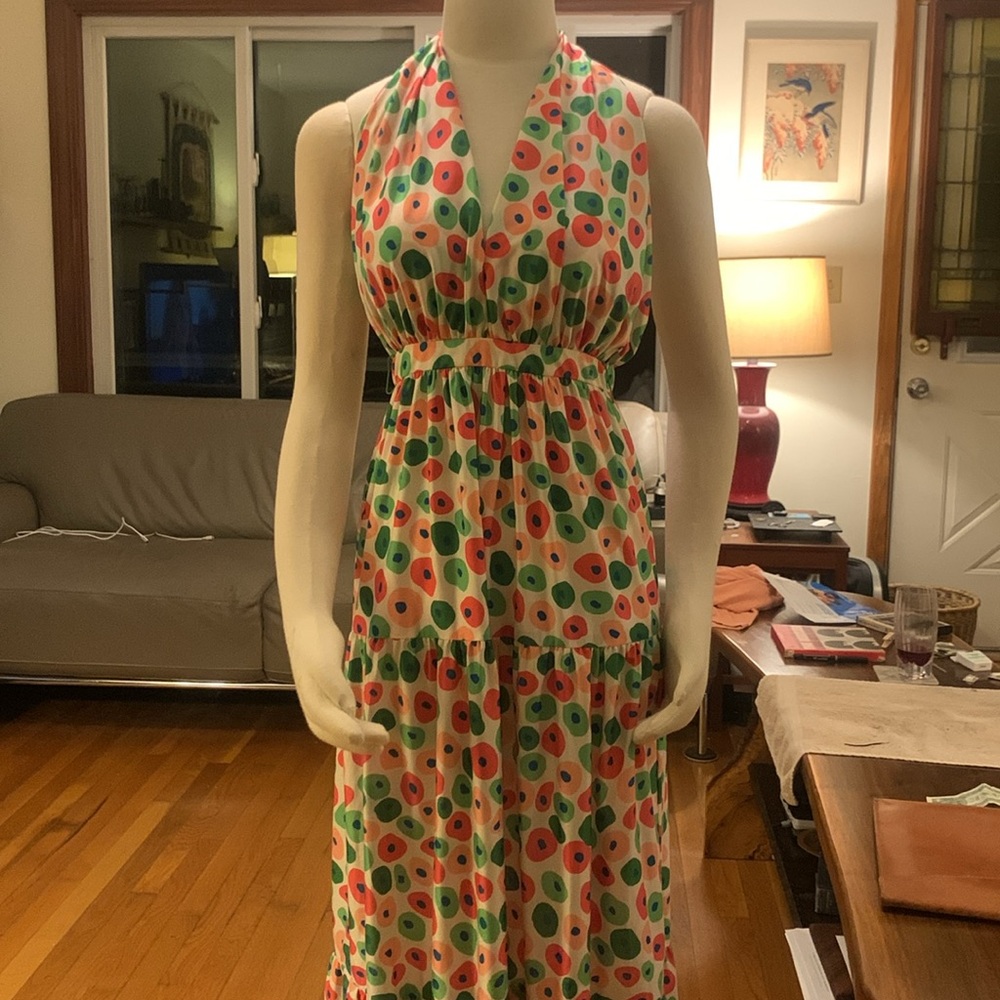 70 s OSCAR DE LA RENTA BOUTIQUE TIERED HALTER MAXI DRESS WITH ALLOVER DOTS PRINT - Picture 2 of 16